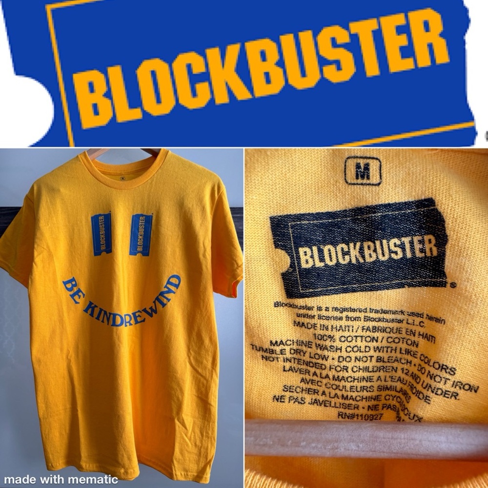 Blockbuster Novelty T shirt - Men’s Sz M - Yellow w/ blue print - Novelty